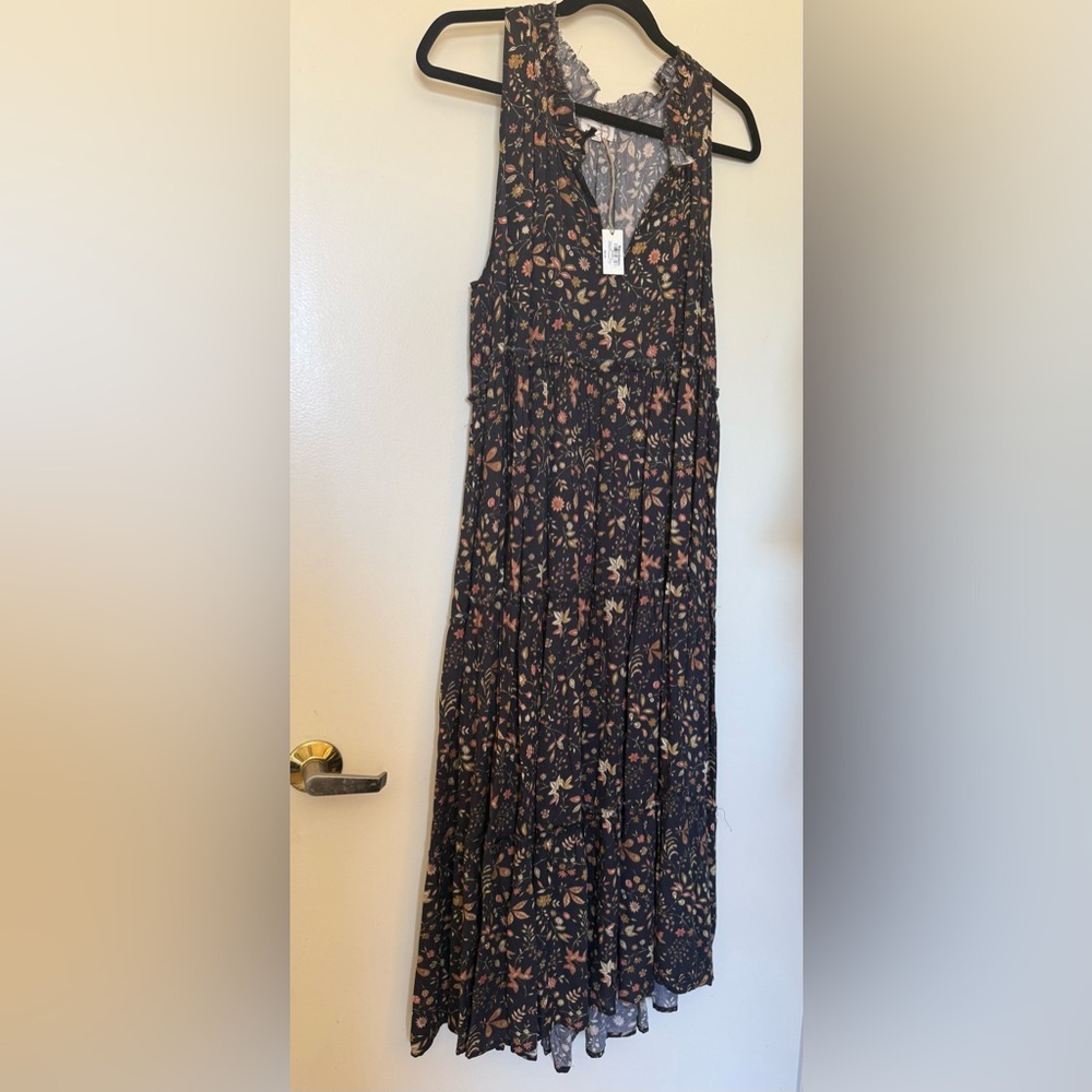 NWT Cost Plus World Market Black V-Neck Sleeveless Floral Tiered Midi Dress L/XL